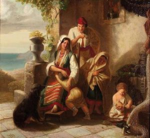 Italian Peasantfamily At The Entrance Of Their House by Eduard Daege