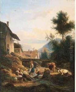 < Blanchisseuse Pres D'un Ruisseau Au Pied D'un Paysage Montagnard >. by Isidore Dagnan