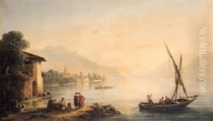 A Swiss Lake Landscape With Fishermen In The Foreground, A Townbeyond