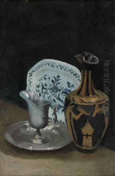 Nature Morte Au Vase Grec, Argenterie Et Ceramique - view 1