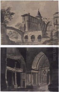 Chateau Medieval Au Bord D'une Riviere/interieur D'un Palais Medieval by Louis Jacques Mande Daguerre