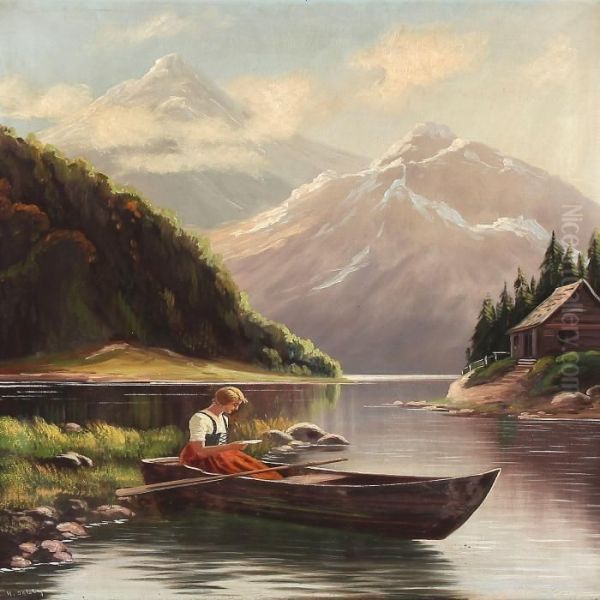 Norwegian Fiord Scene With S Woman In A Rowing Boat - view 1