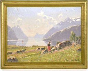 Woman Looking Over A Mountain Lake by Hans Dahl