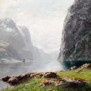 View Of A Norwegian Fiord With A Sailing Ship Between Tall Vertical Cliffs by Hans Dahl