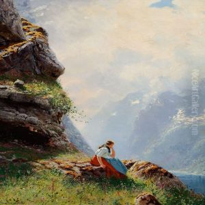 Norwegian Peasantgirl On A Mountain Slope With A View Over A Fiord Norwegian Peasantgirl On A Mountain Slope With A View Over A Fiord