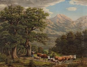 Gebirgslandschaft Mit Bauer Beim Viehtrieb