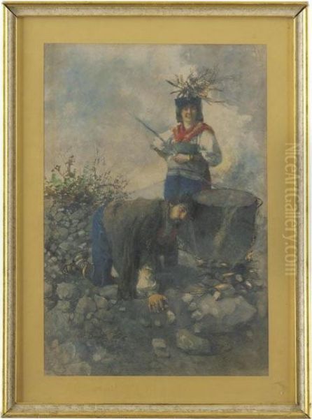 Two Peasants Lighting A Cauldron In A Rocky Landscape - view 1