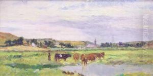 Troupeau De Vaches S'abreuvant by Maurice Dainville