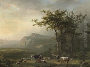 Milking A Cow In A Mountainous Landscape by Alexander Joseph Daiwaille