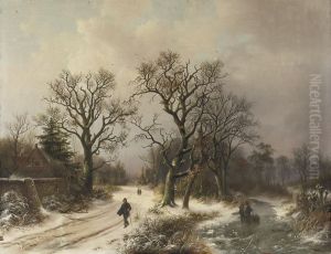 On A Snowy Track In Winter by Alexander Joseph Daiwaille