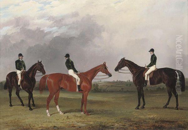 A Chestnut And Two Bay Racehorses Belonging To John Bowes Withjockeys Up - view 1