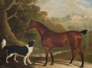 A Chestnut Hunter And Newfoundland Dog In An Extensive Landscape, A Country House Beyond by David of York Dalby