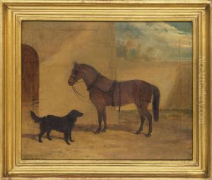 A Saddled Chestnut Hunter And Black Dog In Courtyard by David of York Dalby