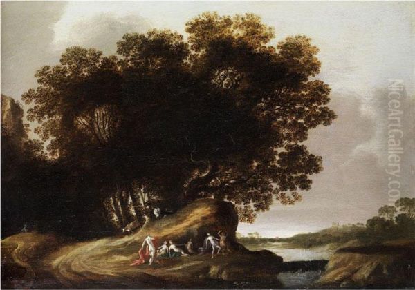 Landschaft Mit Zahlreichen Weiblichen Halbnackten Bis Nackten Personen An Gewasser - view 1
