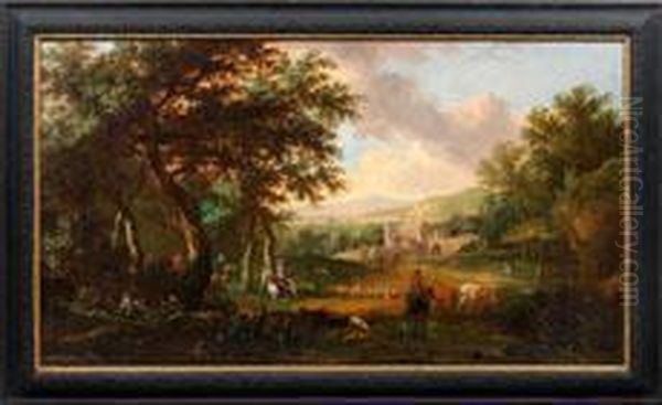 Grose Arkadische Landschaft Mit Hirten Und Reitern Vor Einem Schloss Im Abendlicht - view 1