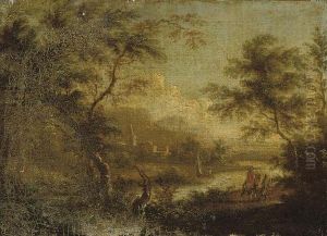A Wooded River Landscape With Travellers On A Track, A Village Beyond A Wooded River Landscape With Travellers On A Track, A Village Beyond