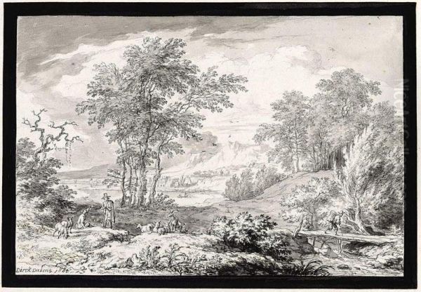 Herders In A Landscape, With A Man On A Bridge To The Right, And A Lakeside Town In The Distance - view 1