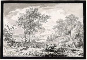 Herders In A Landscape, With A Man On A Bridge To The Right, And A Lakeside Town In The Distance by Dirck Dalens II