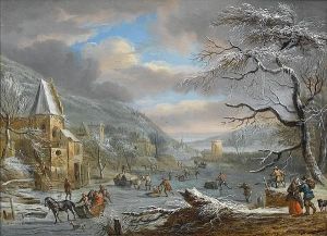 A Winter Landscape With Figures Skating On A Frozen River by Dirk Iii Dalens