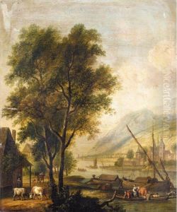 River Landscape With Cattle And Figures Before A Cottage, And Barges On The River