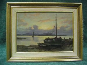 Fishing Boats On Shore Oil On Canvas 25cm X 35.5cm by William Dalglish