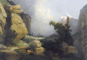 Felsige Berglandschaft Mit Blick Auf Das Wetterhorn by Leonard Alexis Dalige de Fontenay