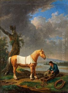 D Flodlandskap Med Rastande Hast Och Ryttare by Alexander Johann Dallinger Von Dalling
