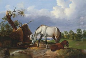 Grazing Horses by Johann Baptist Ii Dallinger Von Dalling