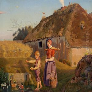 Pastoral Scene With A Little Boy Feeding The Ducks by Christen Dalsgaard