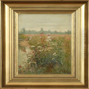 Two Young Girls Picking Wild Flowers by Herbert Dalziel