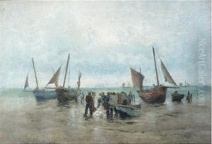 Beach Scene, Signed And Dated 1890, Oil On Canvas, 40.5 X 56 Cm.; 16 X 22 In by Owen Dalziel
