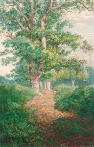 A Figure And Deer In A Wooded Landscape by Thomas Bolton Gil.S. Dalziel
