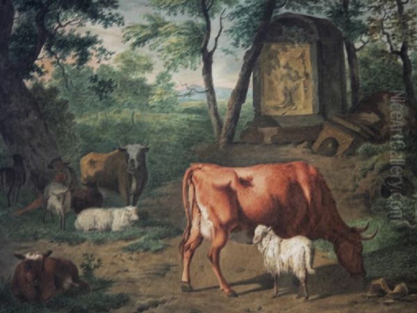 Shepherd With Cattle And Sheep By A Stone Ruin - view 1