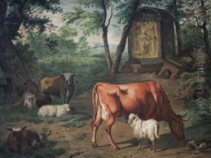 Shepherd With Cattle And Sheep By A Stone Ruin by Pieter Dam
