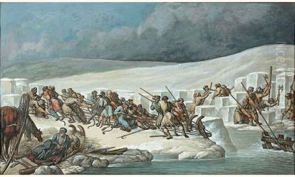 Russes Occupes A Briser Et A Enlever Des Blocs De Glaces - view 1