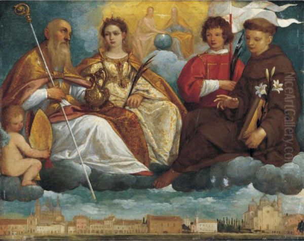 Saint Prosdocimus, Justina, Daniel And Antony Of Padua In Glory With A View Of The Prato Della Valle (padua) Below - view 1