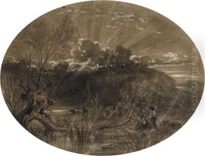 Fishermen At A Riverbank, The Sun Breaking Through Cloud Beyond
