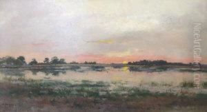 Sun Rising In A Red Sky Over A Lake Scene by Pierre-Emmanuel Damoye
