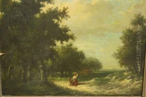 Vrouw Met Jongetje Op Bospad by Jan Jacob Matthijs Damschreuder