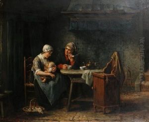 A Family In A Kitchen Interior by Jan Jacobus Matthijs Damschroder