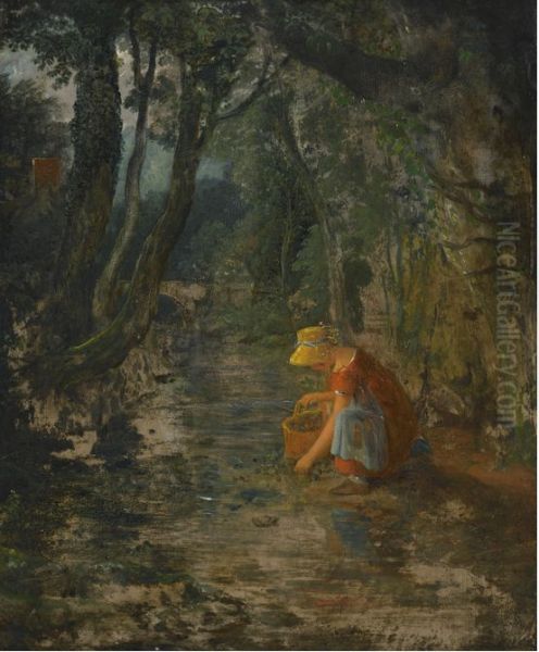 A Girl Collecting Berries By A Brook In A Wooded Landscape - view 1