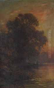 Fishermen On A Rural River At Sunset by Thomas Danby