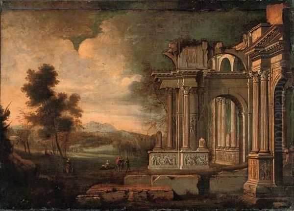 A Capriccio Of Classical Ruins With Peasants Conversing By A Stream - view 1