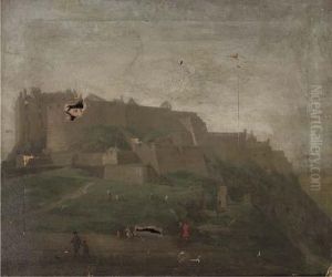 Figures Before A Castle, Thought To Be Edinburgh by Hendrick Danckerts