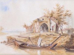 Le Dechargement Des Tonneaux Pres D'une Eglise En Ruine Sur Les Bords Du Rhone