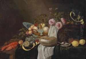 Still Life With A Lobster, A Peeled Lemon, A Basket Of Fruit, A Nautilus Shell With A Pipe, An Oyster, Roses, A by Giuliam Dandoy
