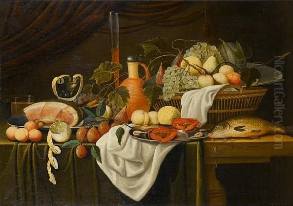 A Ham On A Pewter Dish With A Peeled Lemon And A Basket Of Figs, Grapes, Peaches And Pears Together With A Glass Of Wine On A Draped Table-top - view 1