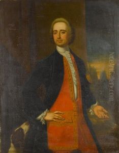 Portrait Of A Gentleman, Said To Be Edmund Kirke, Three-quarter-length, In A Blue Coat And A Red Embroidered Waistcoat, Standing With His Spaniel Before An Open Landscape