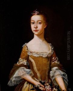 Portrait Of A Young Girl,three-quarter-length, In A Gold Dress With Lace Trim, Holdingflowers