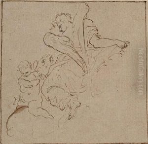 Angel Accompanied By A Cherub Seated On A Cloud by Giuseppe Danedi Il Montalto